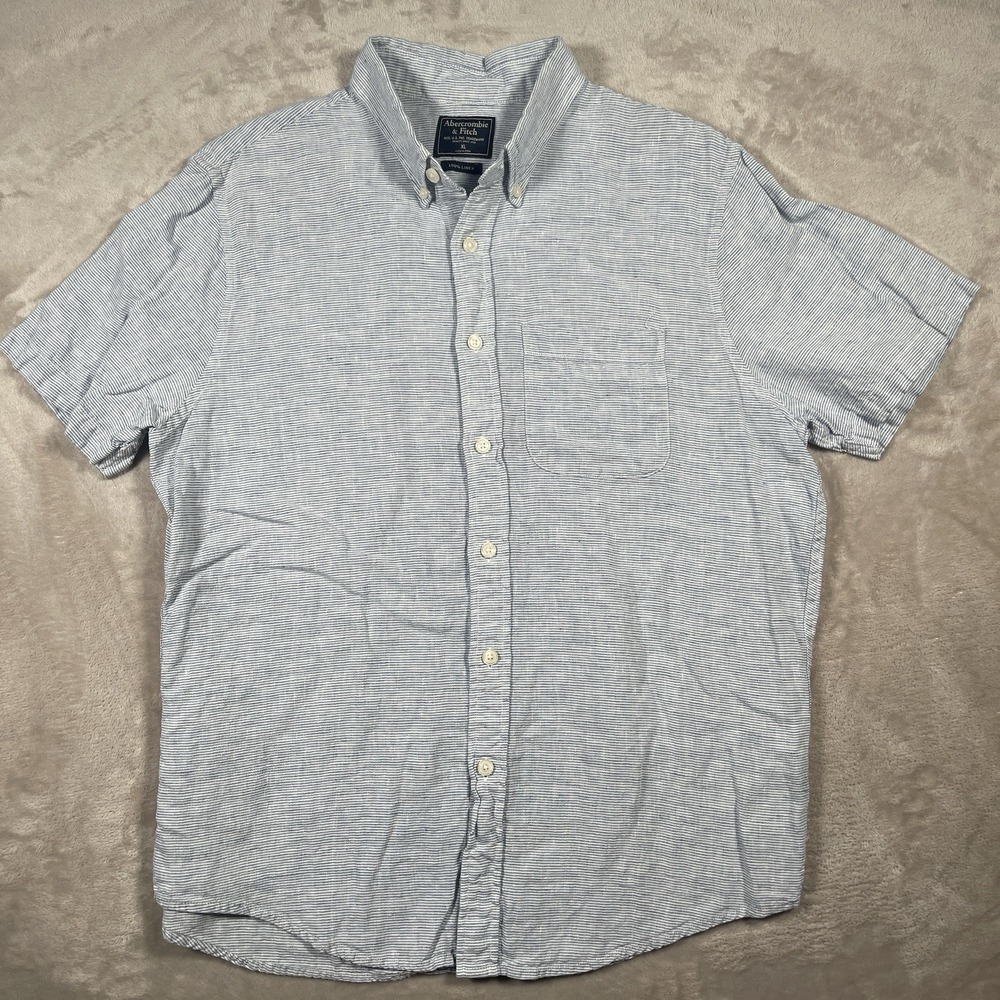 Abercrombie & Fitch Shirt Mens XL Blue Summer Linen Blend Camp Short‎ Sleeve - Picture 2 of 8